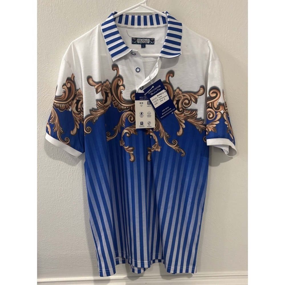 Suslo Couture Polo Shirt Mens Large White Blue Gold Short Sleeve NWT